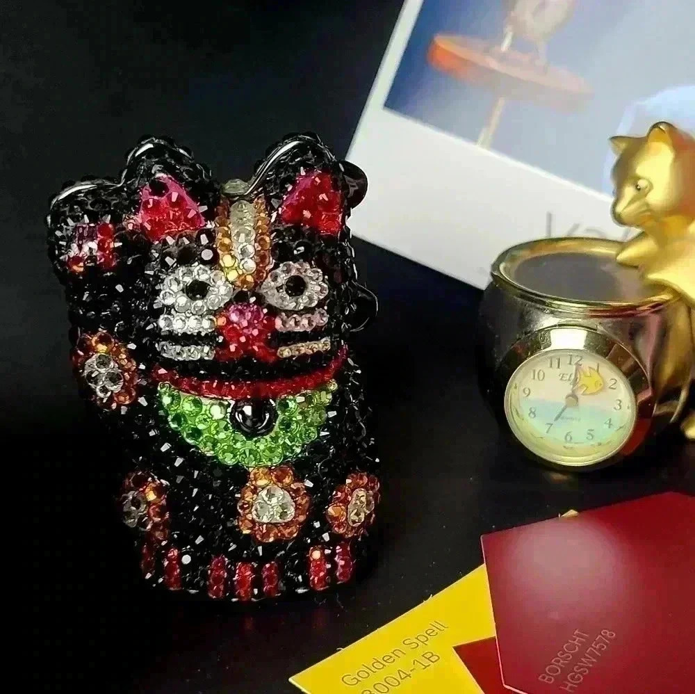 Rhinestones black lucky cat trinket box jewelry box small size good luck kitten - Picture 4 of 15